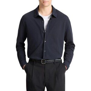 Vince Cotton Piqué Button-Front Long-Sleeve Collared Shirt - Coastal Blue - L